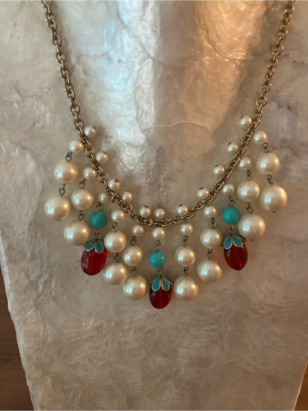 Gold-Tone Pearl Necklace with Turquoise and Red Accents